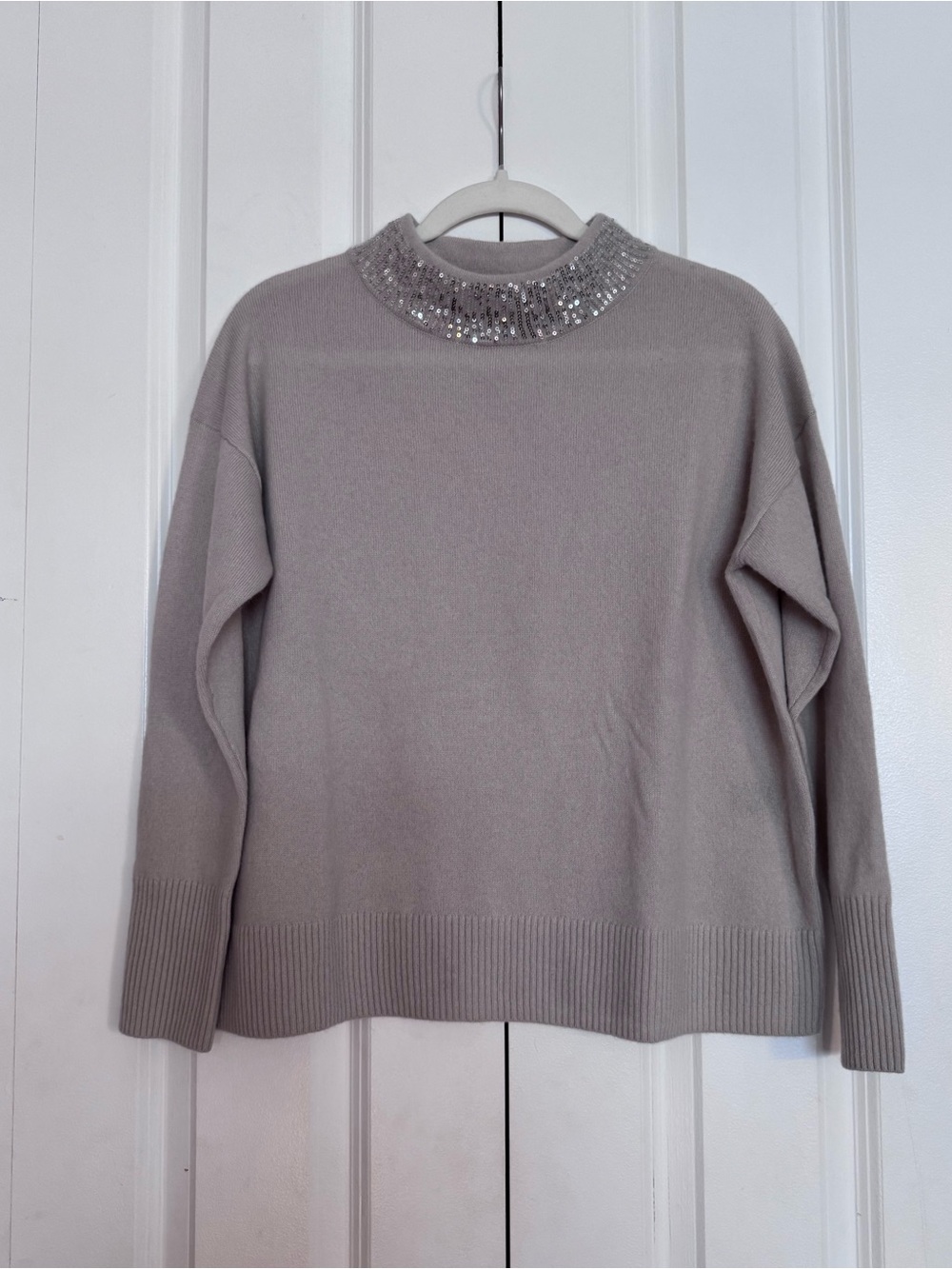 Chico's Black Label Sequin Mock Neck Sweater  Light Gray 100% Cashmere Oversized